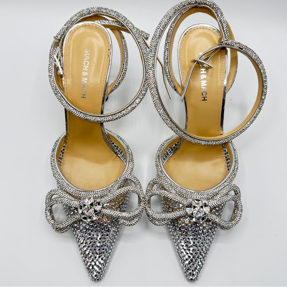 New Mach & Mach Double Bow Embellished Silver Crystal Studded PVC Pumps EU 38